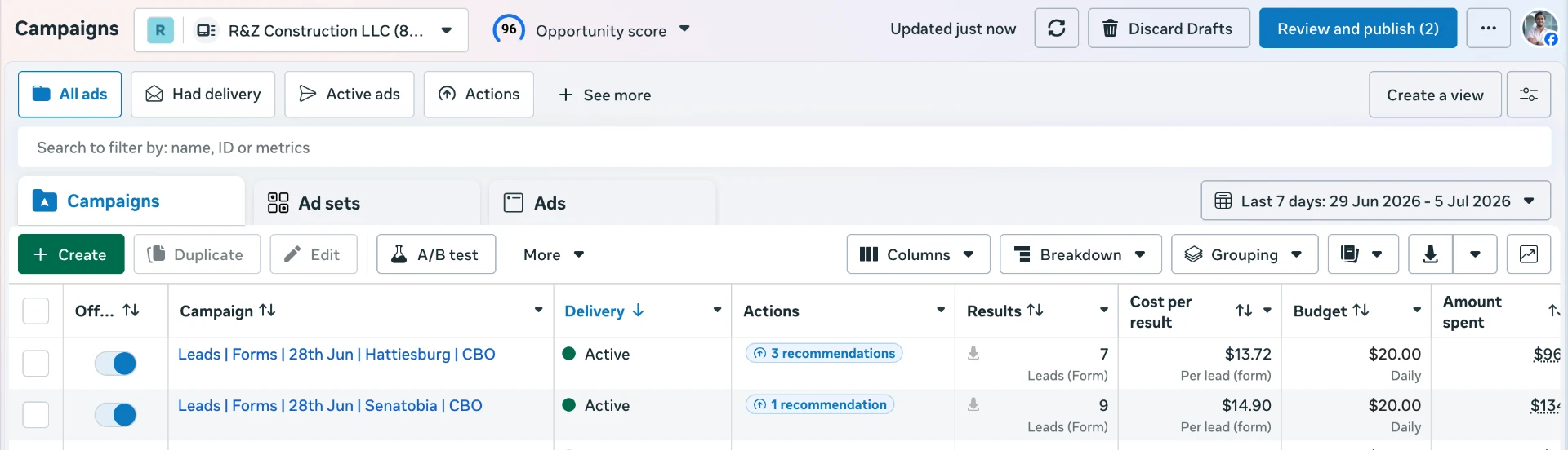 Meta Ads Manager campaigns for a construction client with leads and cost per lead