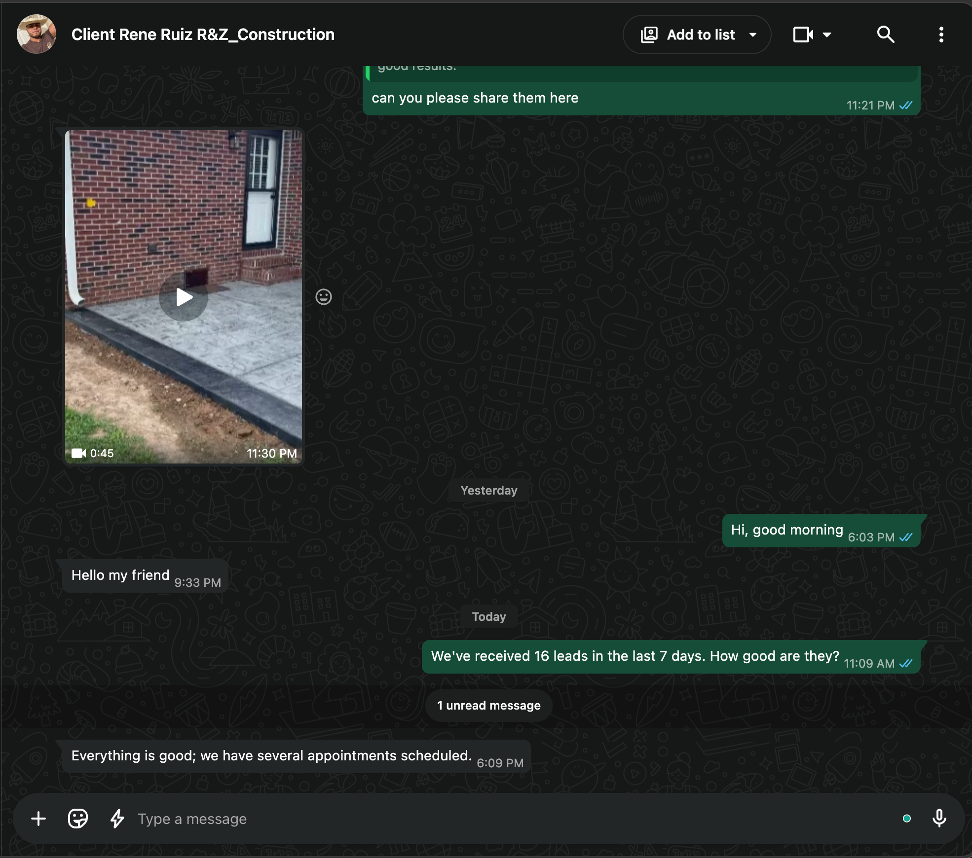 Client message confirming appointments are scheduled from the leads