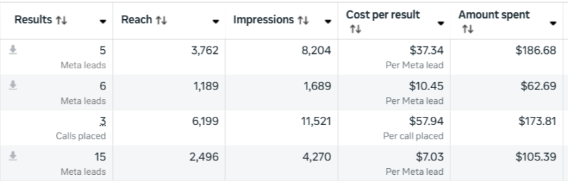 Ad account results showing leads generated and cost per lead